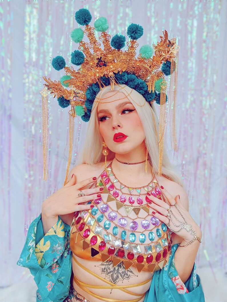 Blue L\u00fc Zhi gold empress pompom rave festival headdress with matching earrings