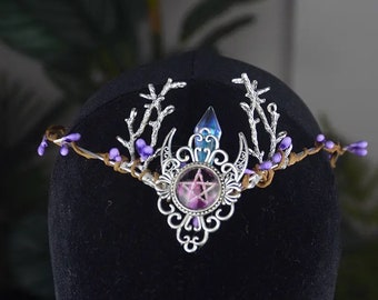 Witch Woodland Crescent Moon Tiara Faerie Wing and Crystal Tiara Pagan Witch Headband Hairwear Wicca Gift Fairy silver moon festival rave