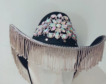 Zwarte fringe partij rave festival pailletten verfraaide cowboy hoed