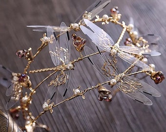 Baroque gold crown Three layer Dragonfly bridal diadema hair accessories new wedding crown beauty crowns and tiaras bridal headband fairy