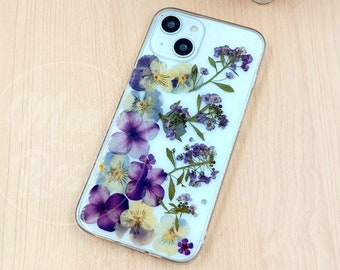 Real pressed purple flower phone case for iPhone 17 16 15 14 pro max Air 16e 17e,Samsung S26 S25 Ultra A16,Google Pixel 9 10 11 pro