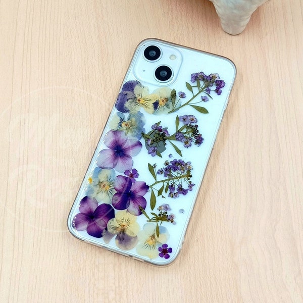 Real pressed purple flower phone case.iPhone 13 14 15 Pro Max case, Samsung S23 S24 case, Google Pixel 7A 8 pro phone case