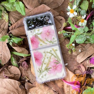 Real dried pink sakura flower case for Samsung Z Flip 7 6,S25 Edge S24 Ultra,iPhone 17 16 15 Pro Max 16e,Google Pixel 10 9 Pro