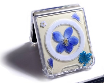 Real pressed blue dry flower magnetic phone case for Samsung Z Flip Fold 7 6,iPhone 17 16 15 14 Pro Max 16e 17e,Samsung S25 Edge S26 Ultra