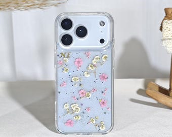 Custom name pressed pink flower glitter phone case for iPhone 17 16 15 pro max 16e Air 17e,Google Pixel 9 10 11,Samsung S26 S25 Ultra FE A16