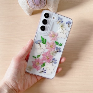 Real pressed pink white purple flower case for iPhone 17 16 15 14 13 pro max 16e,Samsung S25 S24 Ultra A16 A56,Google Pixel 9 10 pro 9A