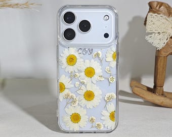 Pressed real white daisy flower phone case for for iPhone 17e 16 15 Pro Max,Google Pixel 9 10 11 Pro XL,Samsung S26 Ultra S25 FE S24 S23 A16
