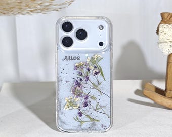 Real purple gypsophila flower custom name glitter case for iPhone 17 16 15 pro Max,Google Pixel 9 10 11 Pro XL,Samsung S26 Ultra S25 FE S24