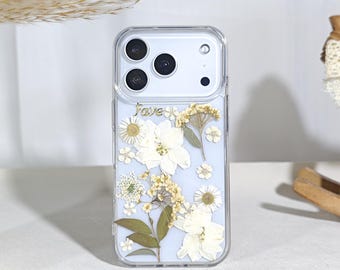 Custom name pressed real white flower phone case for iPhone 17e 16 15  Pro Max,Google Pixel 9 10 11 Pro XL,Samsung S26 Ultra S25 FE S24 A16