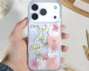 Custom name cute pink white flower glitter phone case for iPhone 17e 16 15 14 Pro Max,Google Pixel 9 10 11 Pro XL,Samsung S26 Ultra S25 FE
