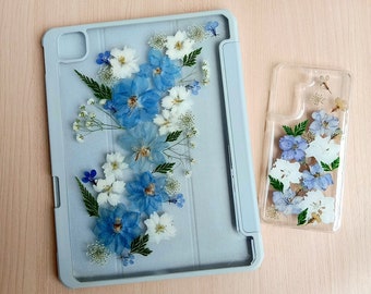 iPad and phone case set,real pressed blue white flower green leave case with pen slot for iPad mini 6,iPad Air 5,iPad pro.iPhone 13 case