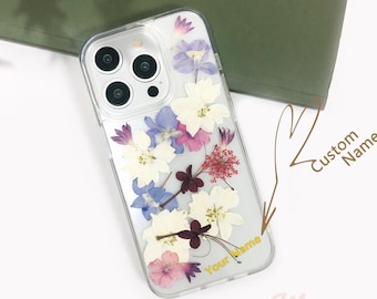 Pressed white pink flower custom name phone case for iPhone 17 16 15 14 Pro Max 16e 17e,Google Pixel 10 Pro 9A,Samsung S25 S26 Ultra