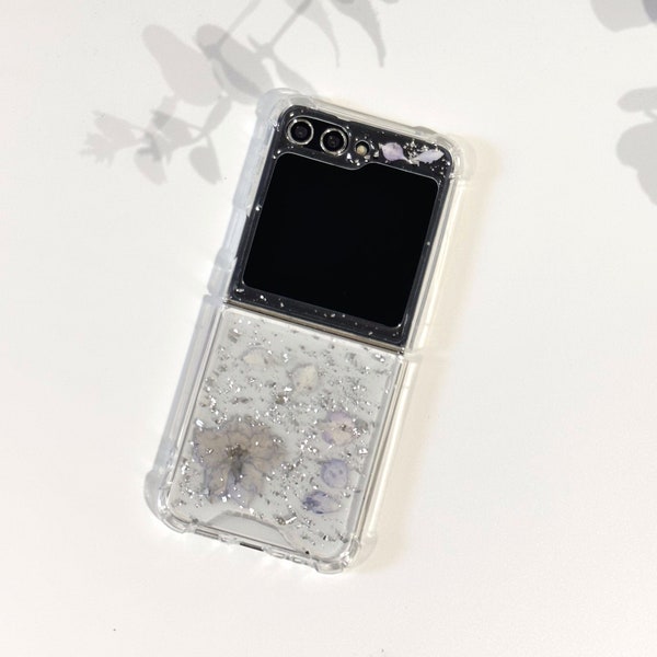 Real light purple flower glitter case, Samsung Z Flip 5 4 S23 S24 Ultra case, iPhone 15 14 13 12 Pro Max case,Google Pixel Fold 7 8 Pro case