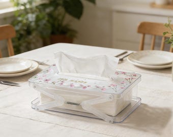 Pudełko na chusteczki z imieniem i prawdziwym kwiatem w kształcie prostokąta, idealne na kleenex, Puffs, Tempo, jako dekoracja do domu, regulowane pudełko na chusteczki z mechanizmem sprężynowym, prezent na Dzień Matki