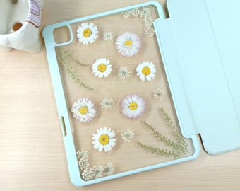 Pressed white daisy lace flower iPad case with pen slot for iPad mini 6,iPad 10 2022,iPad Air 4 5 2022 case,iPad pro 11'' 12.9'' 2022 case