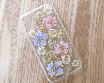 Coque pour iPhone 15 14 13 12 pro max pressée, véritable fleur rose bleue séchée, coque Samsung galaxy s23 s24, coque Google Pixel 7A 8 pro