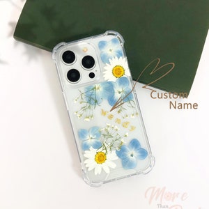 Custom name pressed blue flower phone case for iPhone 17 16 15 14 13 12 Pro Max 16e,Google Pixel 10 9 Pro 9A,Samsung S25 Edge S24 Ultra