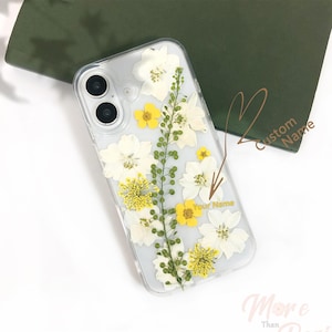 Pressed white yellow flower phone case with name for iPhone 17 16 15 14 Pro Max 16e,Google Pixel 10 9 Pro 9A,Samsung S25 Edge S24 Ultra