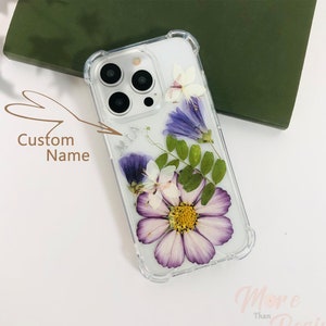 Pressed purple flower personalized name phone case for iPhone 17 16 15 14 Pro Max 16e,Google Pixel 10 9 Pro 9A,Samsung S25 Edge S24 Ultra