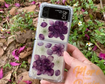 Pressed purple hydrangea flower case for Samsung Z Flip 7 6,S25 S26 Ultra,iPhone 17 16 15 14 Pro Max 16e 17e,Google Pixel 10 9 Pro