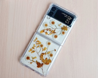 Yellow leave case,real pressed flower case for Samsung Z Flip 7 6,S25 S26 Ultra,iPhone 17 16 15 14 Pro Max 16e 17e,Google Pixel 10 9 Pro