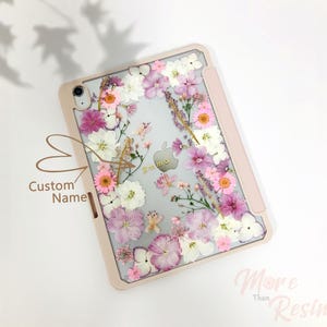 Pressed pink sakura flower custom name case with pen slot for iPad Pro 13'' 2024,iPad mini 7 2024,iPad 11th gen 2025,iPad Air 11'' 13'' 2025