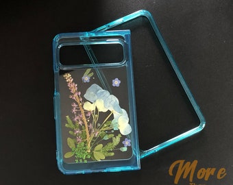 Real pressed bule Purple flower phone case for Google Pixel 9 10 11 Pro,iPhone 17 16 15 Pro Max 17e, Samsung Z Flip 7 8,S26 FE S25 Ultra S24