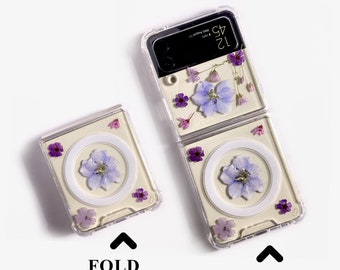 Pressed Purple flower magnetic phone case for Samsung Z Flip Fold 7 6,iPhone 17 16 15 14 Pro Max 16e 17e,Samsung S25 Edge S26 Ultra