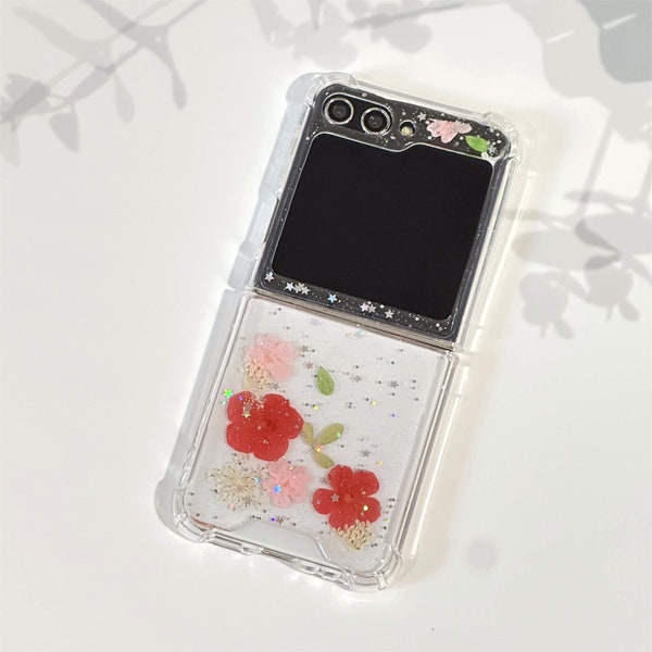 Pressed red pink flower glitter case for Samsung Z Flip 5 4 S23 S24 Ultra case, iPhone 15 14 13 12 Pro Max case,Google Pixel Fold 7 Pro case