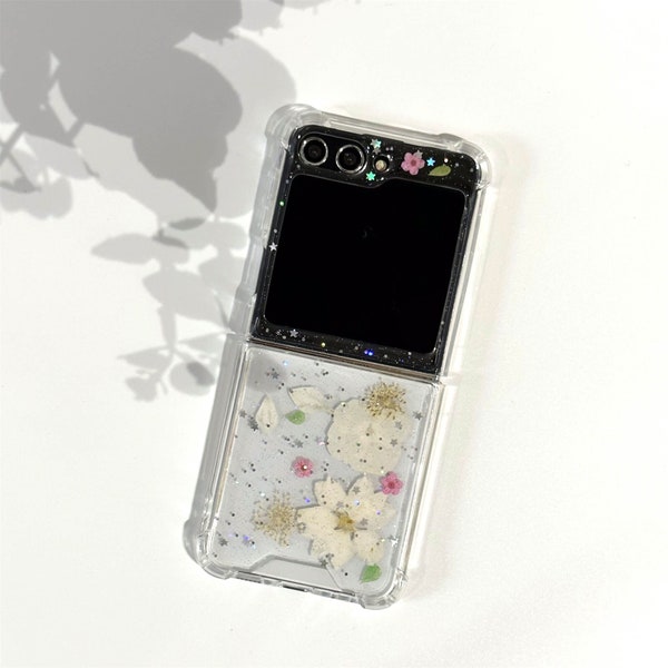 Dried pressed white flower glitter case, Samsung Z Flip 5 4 S23 S24 Ultra case, iPhone 15 14 13 12 Pro Max case,Google Pixel Fold 7 Pro case