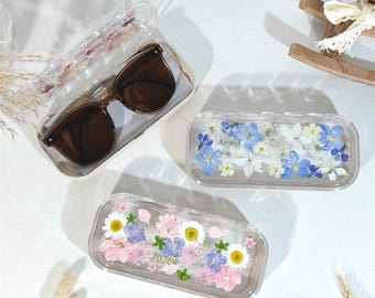 Étui à lunettes pressé avec de vraies fleurs avec chiffon de nettoyage, boîte de lunettes de soleil de voyage personnalisée, porte-lunettes intelligent Ray Ban, cadeau de rentrée