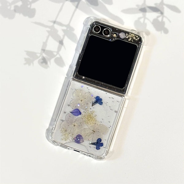 Real pressed blue white flower glitter case, Samsung Z Flip 5 4 S23 S24 Ultra case, iPhone 15 14 13 12 Pro Max case,Google Pixel 8 Pro case