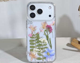 Pressed pink purple green flower case for iPhone 17 16 15 Pro Max 16e Air 17e,Google Pixel 9 10 11,Samsung S26 FE S25 Ultra A16,Gift for her