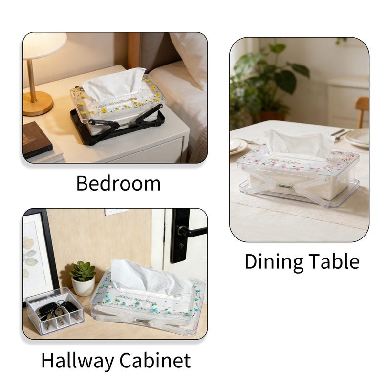 May include: Clear plastic tissue box with a floral design, shown in three different settings: bedroom, dining table, and hallway cabinet. The tissue box is rectangular and contains white tissues. The box is on a black stand.