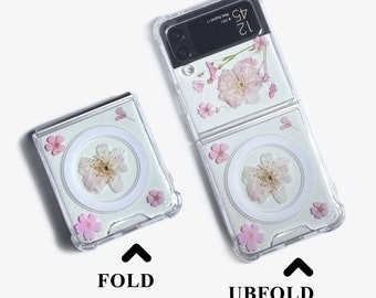 Real pressed pink dry flower magnetic phone case for Samsung Z Flip Fold 7 6,iPhone 17 16 15 14 Pro Max 16e 17e,Samsung S25 Edge S26 Ultra