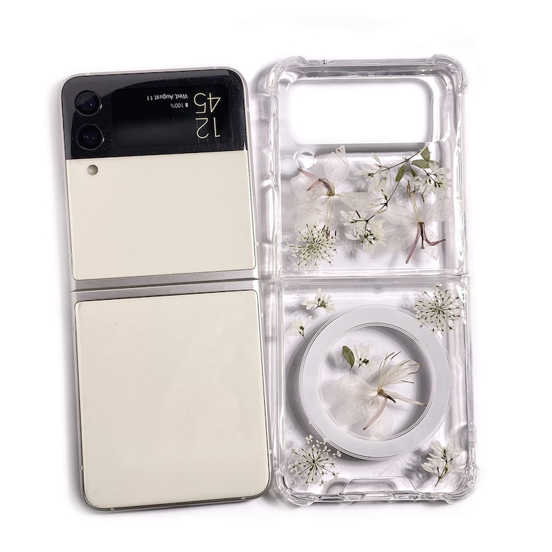 Pressed light yellow flower magnetic phone case for Samsung Z Flip Fold 7 6,iPhone 17 16 15 14 Pro Max 16e 17e,Samsung S25 Edge S26 Ultra image 7