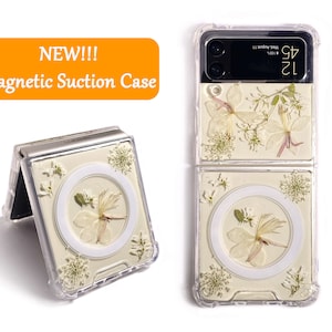 Pressed light yellow flower magnetic phone case for Samsung Z Flip Fold 7 6,iPhone 17 16 15 14 Pro Max 16e 17e,Samsung S25 Edge S26 Ultra image 2