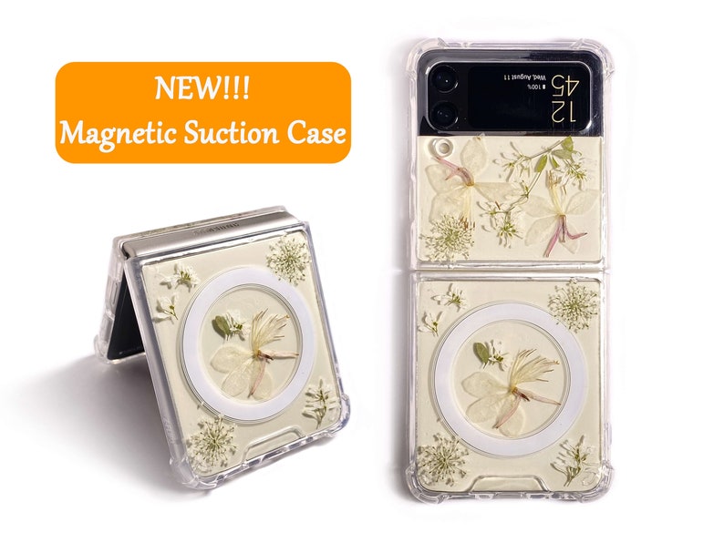 Pressed light yellow flower magnetic phone case for Samsung Z Flip Fold 7 6,iPhone 17 16 15 14 Pro Max 16e 17e,Samsung S25 Edge S26 Ultra image 2