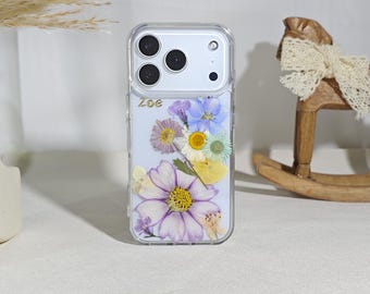 Real purple cosmos pressed flower phone case for iPhone 17 16 15 14 pro max Air 16e 17e,Samsung S26 S25 Ultra A16,Google Pixel 9 10 11 pro