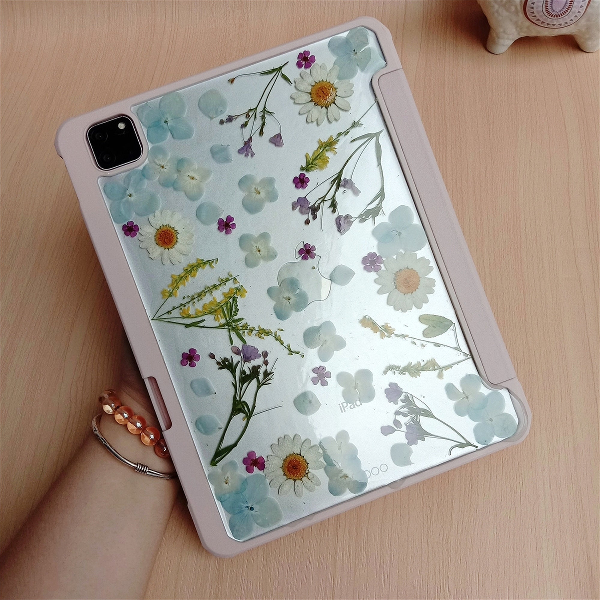 Real Pressed White Daisy Blue Flower Case With Pen Slot for iPad Pro 11 ...