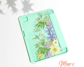Pressed dried white flower case with pen slot for iPad Pro 11in 13in 2024 2025,iPad mini 7,iPad 11th 12th gen,iPad Air 2025 2026,iPad A16