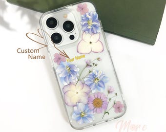 Real light purple flower phone case with custom name for iPhone 17 16 15 14 Pro Max 16e 17e,Google Pixel 11 10 Pro 9A,Samsung S25 S26 Ultra