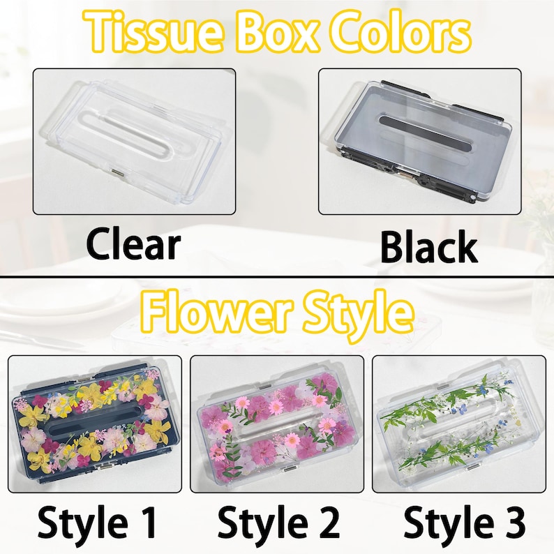 Może przedstawiać: Obraz przedstawia przezroczyste i czarne pudełka na chusteczki, a także trzy style kwiatowe. Tekst brzmi "Tissue Box Colors" i "Flower Style". Przezroczyste pudełko jest przezroczyste, a czarne ma ciemne wnętrze. Style kwiatowe prezentują kolorowe kompozycje kwiatowe.