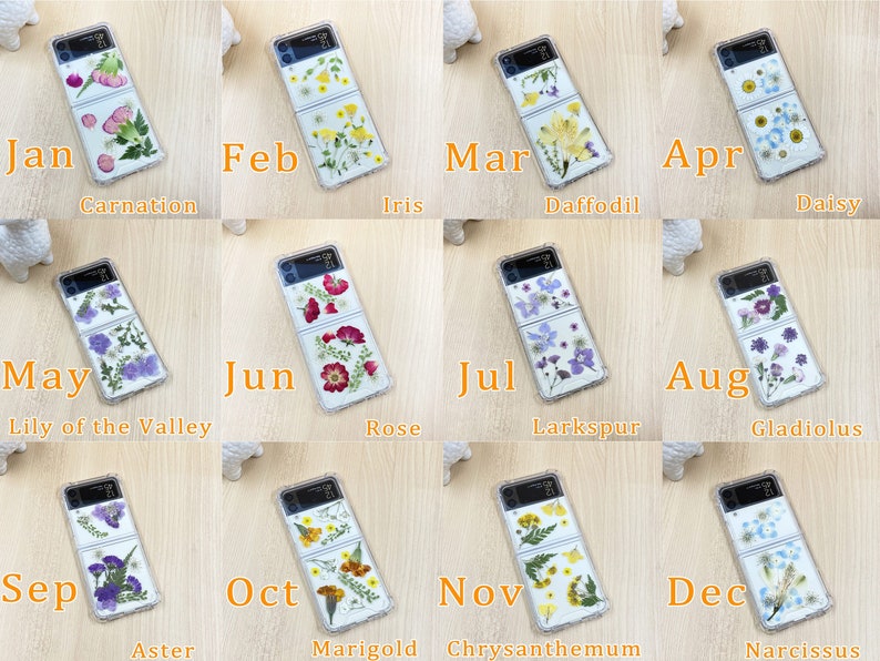 May include: Twelve phone cases with pressed flowers, each representing a different month of the year. The cases are clear and show the flowers pressed inside. The flowers are arranged in a vertical line on the case. The months are labeled on the cases, and the names of the flowers are listed below each case.