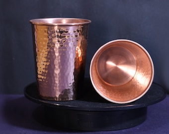 Handmade Hammered Copper Tumbler Pure Copper Water Cup Ayurvedic Drinking Glass - Set of 2