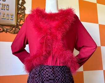 90s Vintage Red 2 Piece Marabou Feather Trim Blouse and Jacket Set