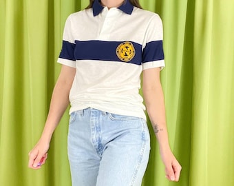 80s Vintage Navy Blue Yellow and White National Marching Band Contest Polo