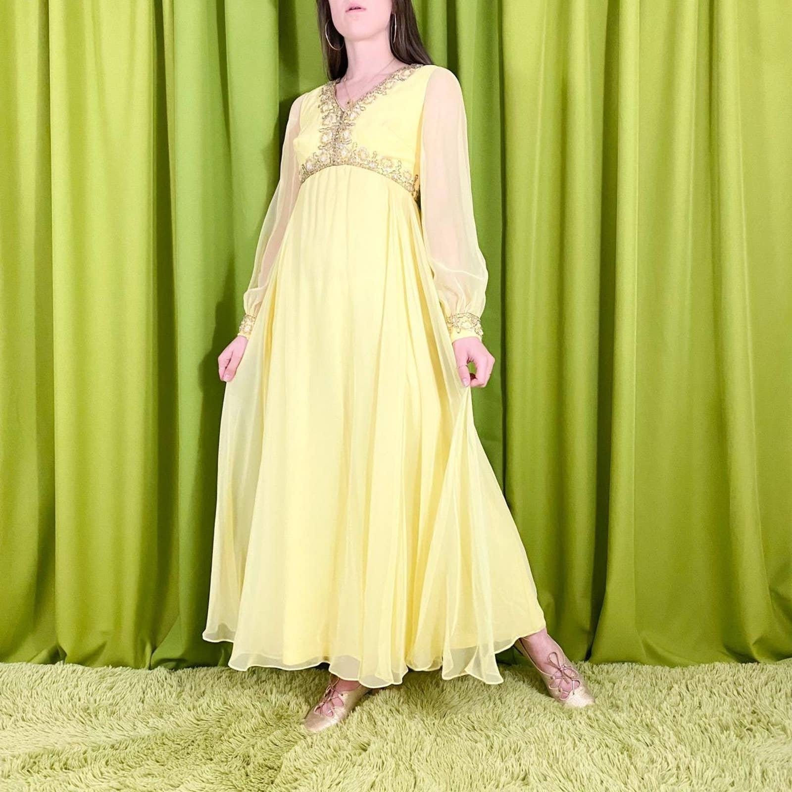 60s Vintage Butter Yellow and Gold Sheer Bishop Sleeve Hand