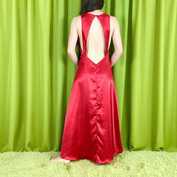 90s Vintage Red Satin Open Back Plunge Neckline N… - image 3