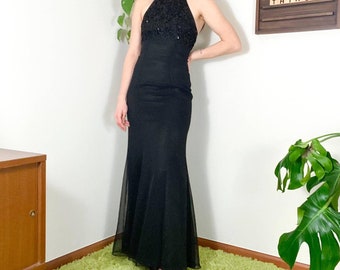 90s Vintage Black Trumpet Mermaid Style High Neck Sequin Formal Dress